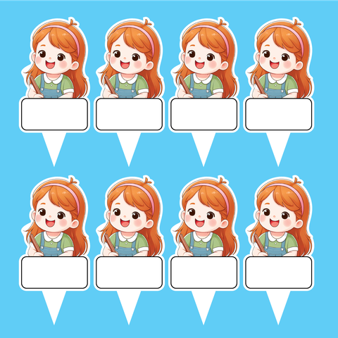 Set 40 thẻ giấy có chân cắm-bé GÁI tóc vàng nâu áo xanh9852.