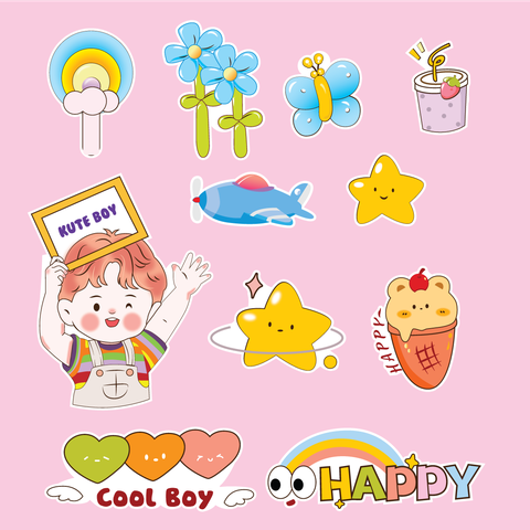Combo 2 set giấy- bé TRAI áo cầu vồng, hoa và kẹo mút.
