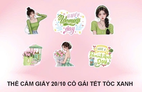 10 set giấy Women's day -  cô gái tết tóc màu xanh lá CT.