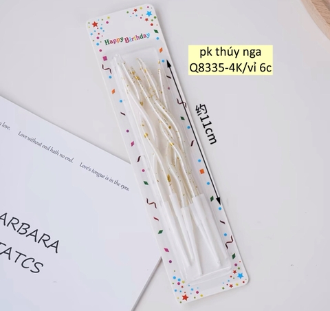 Vỉ 6 cây nến xoắn TRẮNG phủ nhũ vàng.