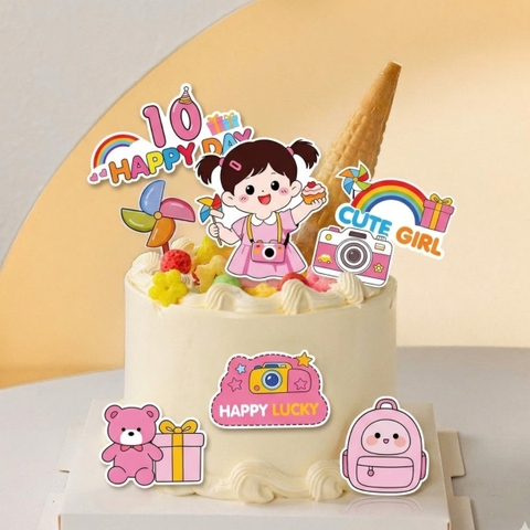 Combo 5 set giấy SX- bé GÁI váy hồng tóc buộc 2 bên, đeo máy ảnh, tay cầm chong chóng.