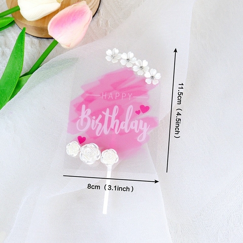 Chữ HPBD mica đính hoa-HỒNG. Q7454