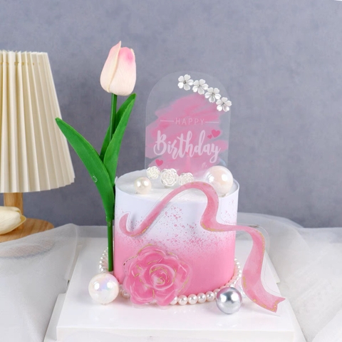 Chữ HPBD mica đính hoa-HỒNG. Q7454