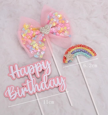 Set 3 chi tiết nơ vải-chữ HPBD-cầu vồng-HỒNG.