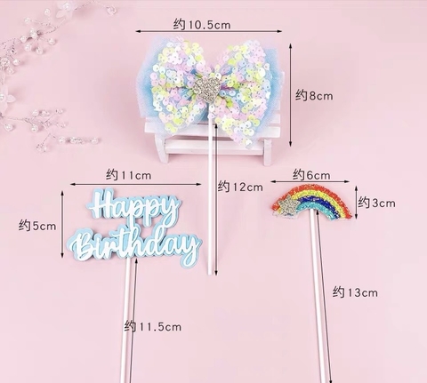 Set 3 chi tiết nơ vải-chữ HPBD-cầu vồng-XANH.
