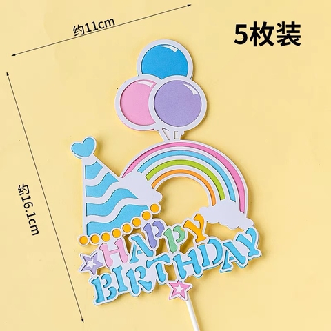Set 5 cây cắm giấy HPBD hình mũ-cầu vồng-chùm bóng (XANH).