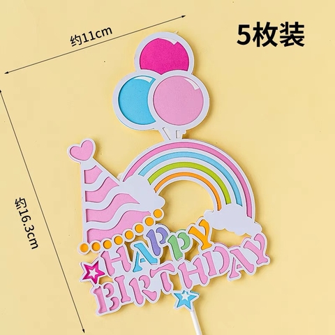Set 5 cây cắm giấy HPBD hình mũ-cầu vồng-chùm bóng (HỒNG).