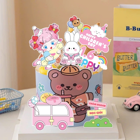 Combo 2 set giấy- bé gái ôm kẹo, xe hồng và thỏ (happy chidren's day).