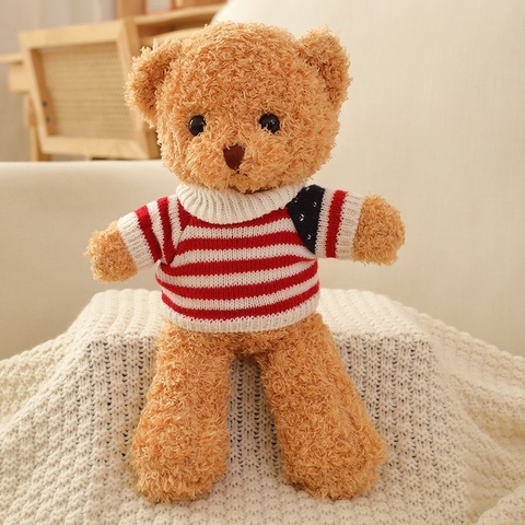 Gấu bông NÂU-áo kẻ trắng đỏ kt 30cm.