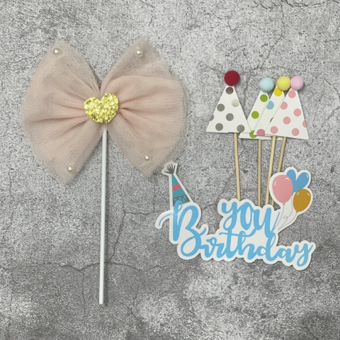 Set 3 chi tiết (nơ-hpbd chữ MẢNH-3 cây cắm hình mũ)-hồng cam và chữ HPBD xanh.