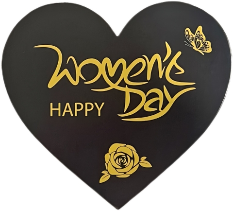 Combo 12 thẻ giấy Happy Women's day hình trái tim- đen chữ vàng (kt 7cm x8cm).