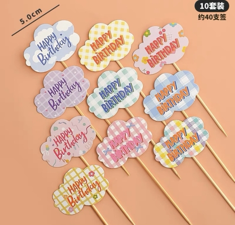 Set 50 cây cắm giấy HPBD hình mây sắc màu.