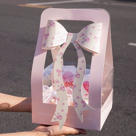 Set 10 hộp cupcake quai xách và nơ-HỒNG.
