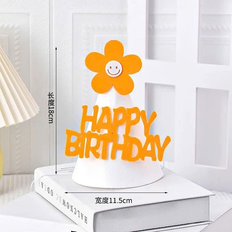 Set 10 mũ sinh nhật vải dạ HPBD TRẮNG-gắn hoa màu cam kt12x14cm.