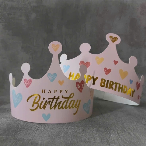 Set 10 mũ sinh nhật hình vương miện-HỒNG có hình trái tim mix màu.