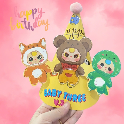 Set 10 mũ 3D cán bóng giấy đẹp kt dk 13cmx cao 20cm - 3 Babythree nền vàng.m06