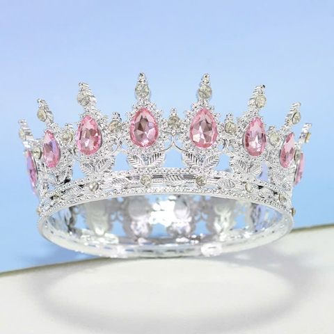 Vương miện BẠC đính đá - đá màu HỒNG SIZE TO (đk 12.5cm) (chú ý size to).