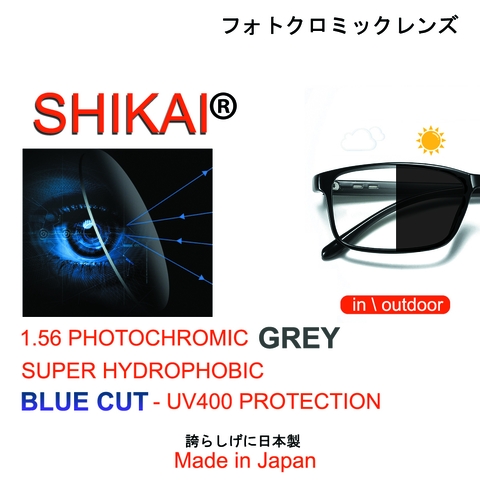 Tròng kính Shikai 1.56 đổi màu Khói, Blue cut, Phản quang, Nano