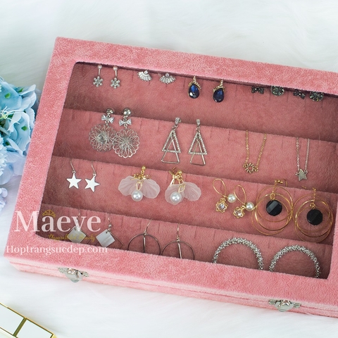 Hộp khuyên tai mặt kính vừa - hồng