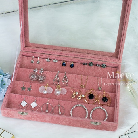 Hộp khuyên tai mặt kính vừa - hồng