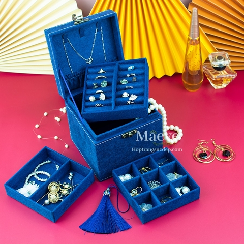 Hộp nhung 3 tầng hình hoa sen - xanh nước biển