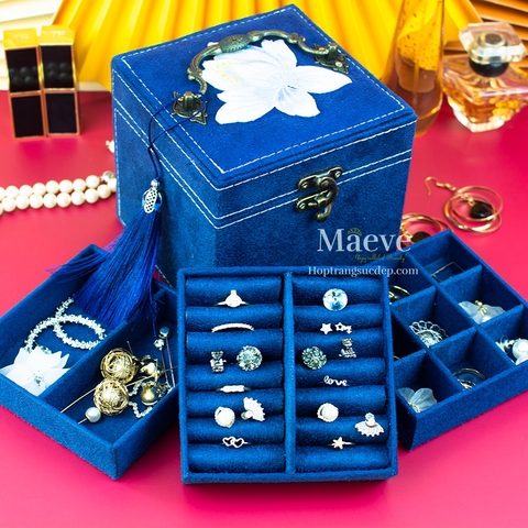 Hộp nhung 3 tầng hình hoa sen - xanh nước biển