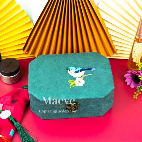 Hộp bát giác 2 tầng hình chim sẻ - xanh lá cây đậm