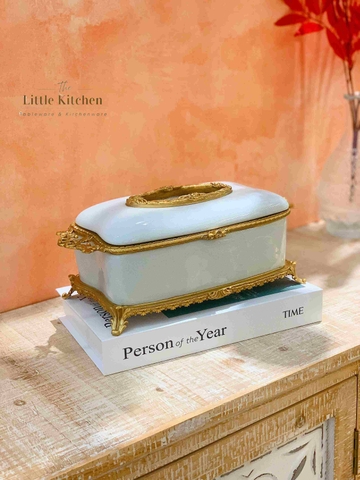 Hộp giấy sứ đồng Trắng núm hoa 30x16