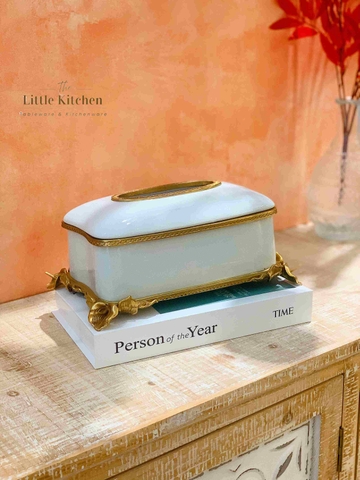 Hộp giấy sứ đồng trắng chân lá tim 24*14