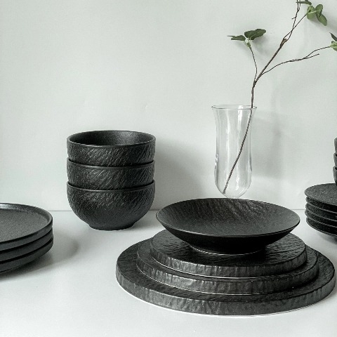 Bộ bát đĩa cao cấp màu đen viền sóng gợn