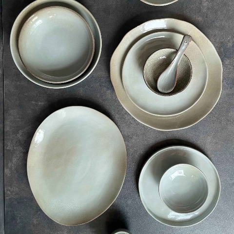 Bộ bát đĩa cao cấp màu ghi nâu men bóng