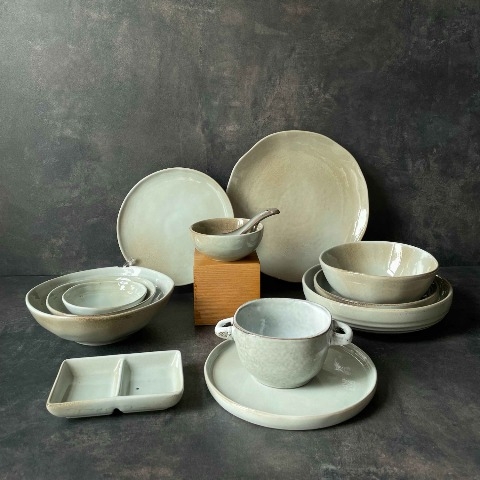 Bộ bát đĩa cao cấp màu ghi nâu men bóng