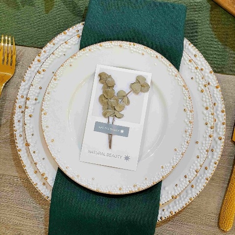 Bộ bát đĩa cao cấp màu trắng họa tiết hạt vàng