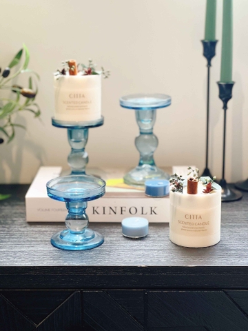 Chân nến thuỷ tinh lam