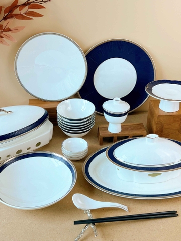 Bộ bát đĩa cao cấp sứ xương viền lam Bạc