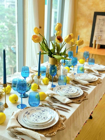 Set tiệc đĩa họa tiết xanh