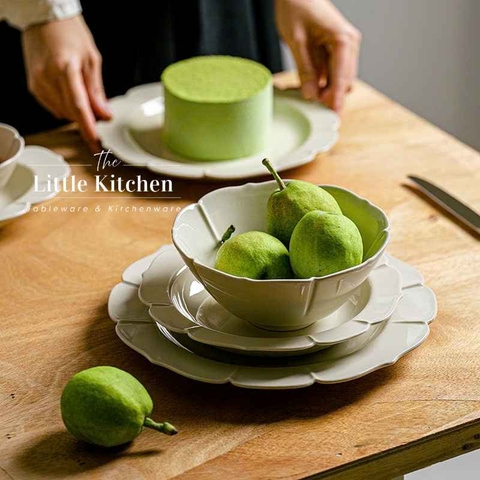 Bộ bát đĩa cao cấp phong cách Hàn Quốc màu be viền lượn