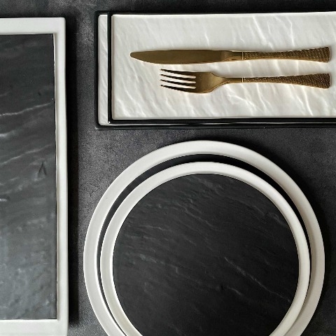 Bộ đĩa nhà hàng cao cấp màu đen viền trắng