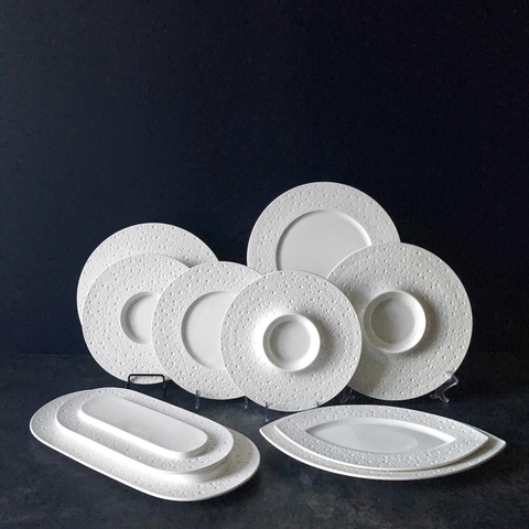 Bộ đĩa nhà hàng cao cấp họa tiết lồi lõm màu trắng men bóng