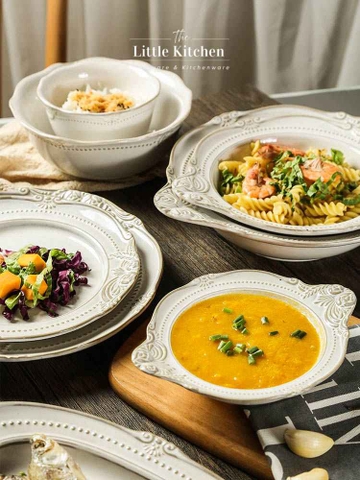 Bộ bát đĩa cao cấp phong cách vintage màu be hoa tiết viền hoa nổi