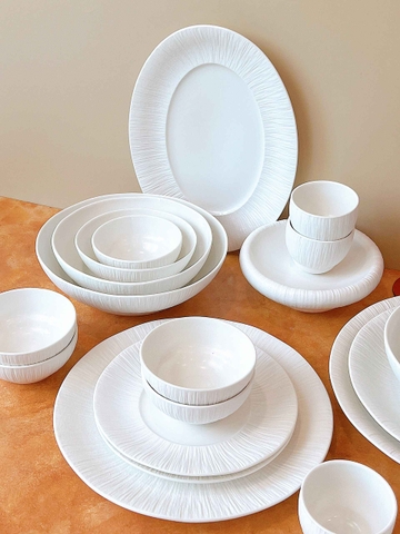 Bộ bát đĩa cao cấp men lì màu trắng dáng nấm