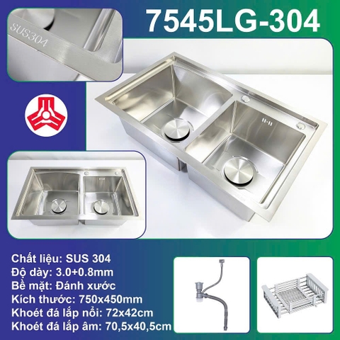 Chậu Rửa Chén Thủ Công 2 hộc inox 304 kích thước 75x45cm Lệch Gờ