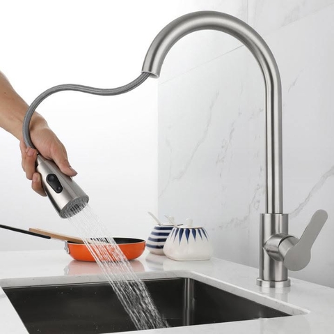 Vòi rửa chén nóng lạnh dây rút inox mờ xước