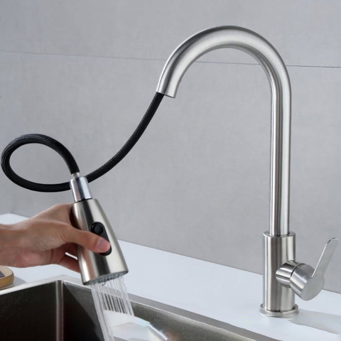 Vòi rửa chén nóng lạnh dây rút inox mờ xước