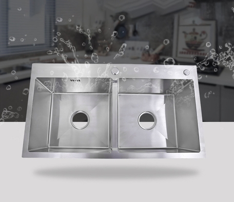 Chậu Rửa Chén Thủ Công 2 hộc Đều inox 304 kích thước 82x45cm