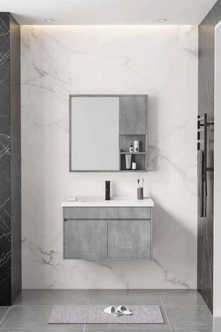 Bộ tủ chậu lavabo gương soi màu xám LANKA