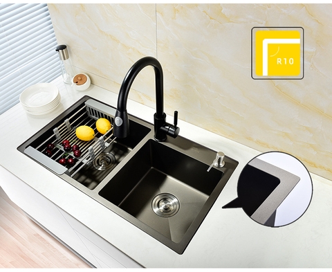 CHẬU CHÉN 2 HỘC LỆCH INOX PHỦ NANO 8245DT LANKA