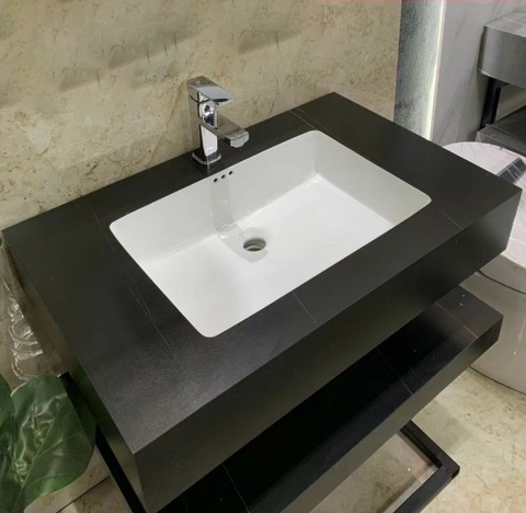 Kệ Lavabo 2 Tầng Đen Vân Vàng Chống Trầy Kèm Lavabo Âm 80x50