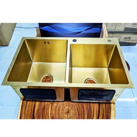 Chậu Rửa chén Inox Nano vàng 2 hộc lệch LANKA
