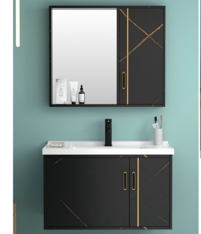 Bộ chậu lavabo tủ gương soi màu đen LANKA